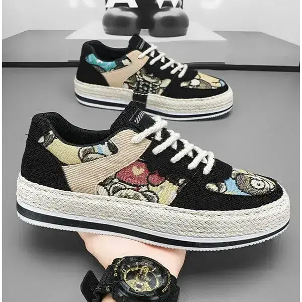 Mens Color-Matching Canvas Sneakers | UV-Resistant Low-Top Casual Shoes in Beige, Black, Green