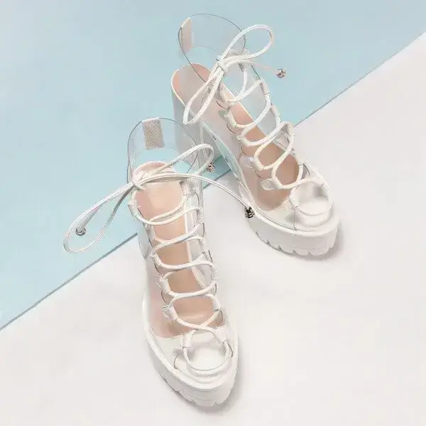Womens Transparent Lace-Up Platform Heels | Open-Toe Block Shoes in Black, White, Yellow